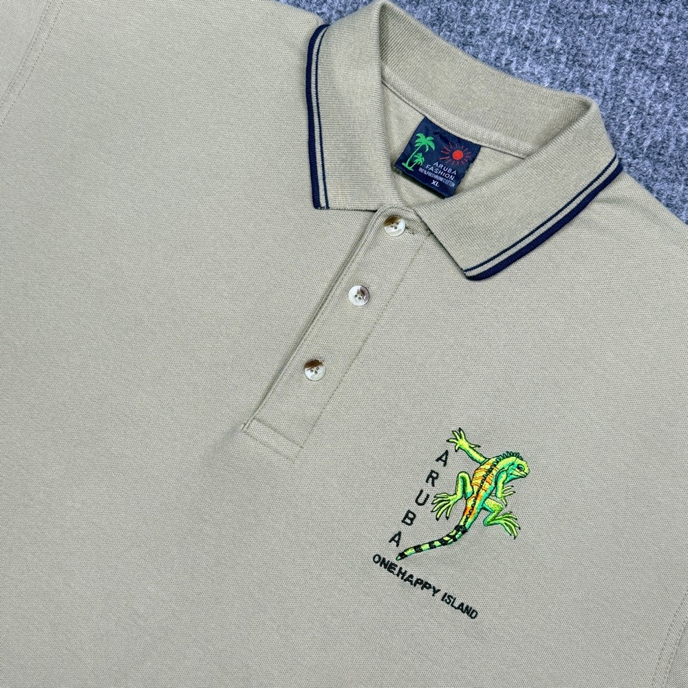 Aruba “One Happy Island” Beach Iguana Men’s Golf Cotton Polo Tan Size XL
